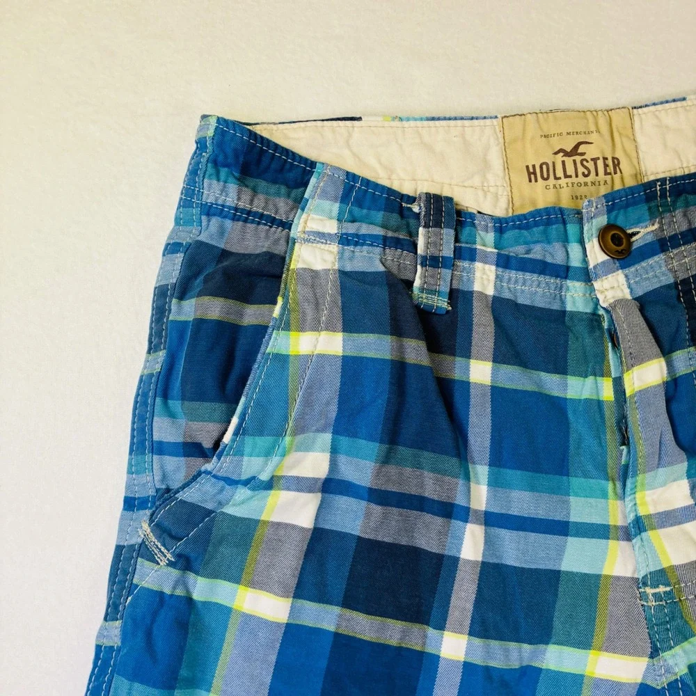 Hollister Mens Blue Plaid Flat Front Chino Shorts Button Fly 30 32